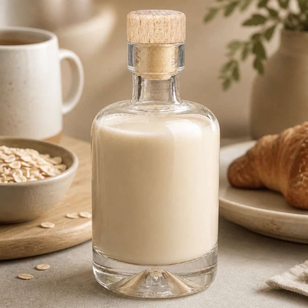 50ml Glasflasche "Attila" mit Holzgriffkorken UNiTWIST 50ml Glasflasche Amelie mit cremigem Hafermilch-Inhalt neben Haferflocken und Gebäck im gemütlichen Küchen-Ambiente