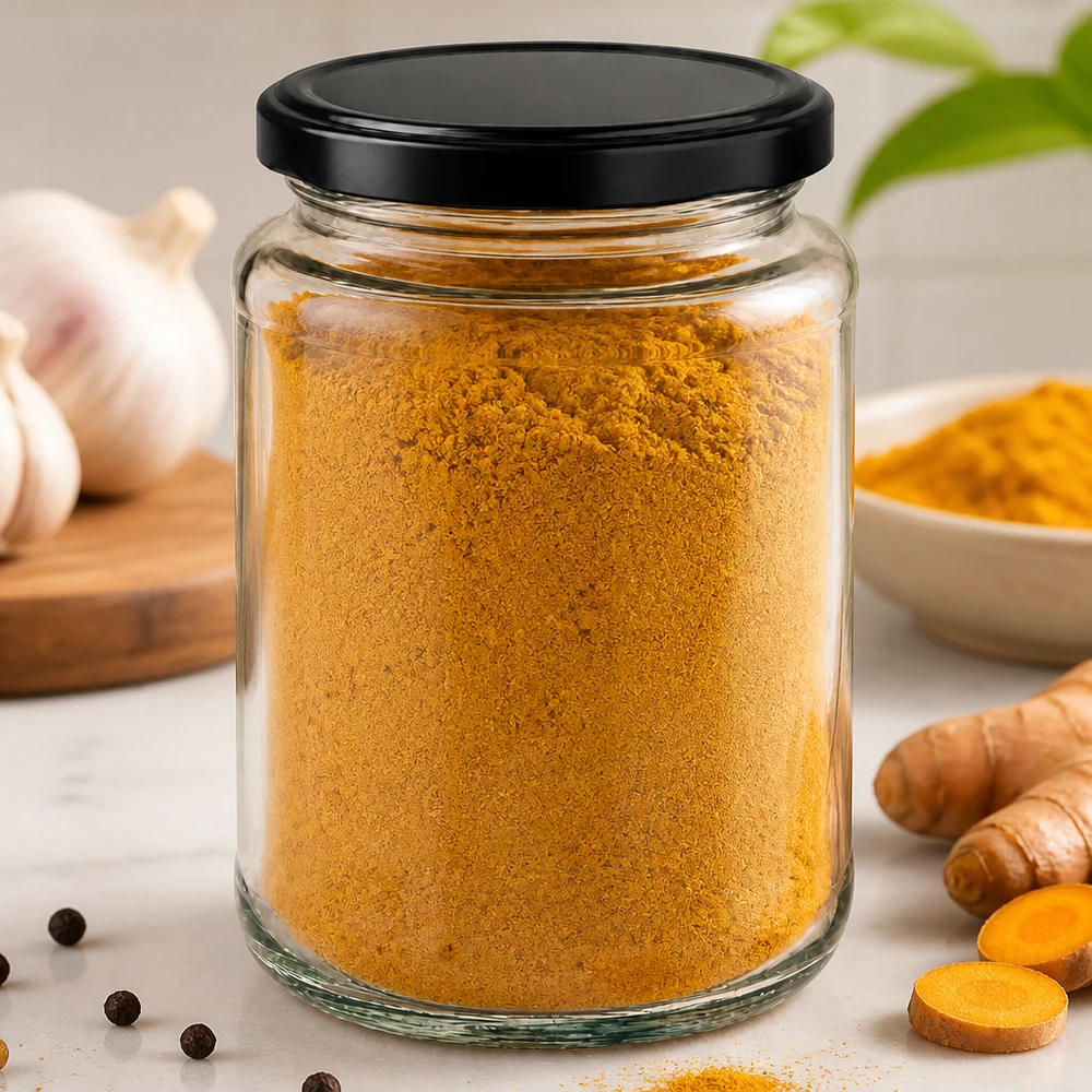 382ml pyöreä lasipurkki, jossa on BasicSeal-kansi musta UNiTWIST. 382ml BasicSeal musta pyöreä purkki, joka on täytetty kurkuma-maustejauheella tuoreiden kurkumajuurten ja valkosipulin välissä.