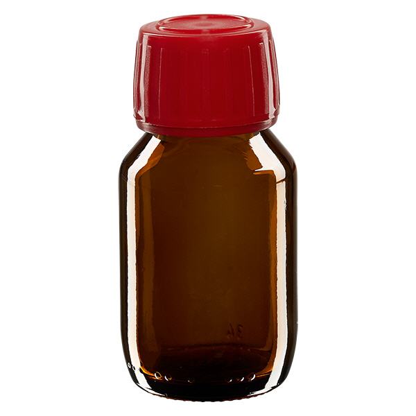 50ml lääkepullo ruskea, punainen korkki, jossa peukaloinninestosormus ApoGlas 50ml lääkepullo ruskea, punainen korkki, jossa peukaloinninestosormus ApoGlas