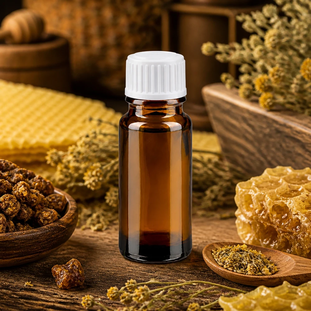 Apteekkipullo ruskea 10ml ruuvikorkki valkoinen standardi Ruskea 10 ml:n apteekkipullo, jossa on valkoinen korkki ja jota ympäröivät mehiläispesän kennot ja propolis