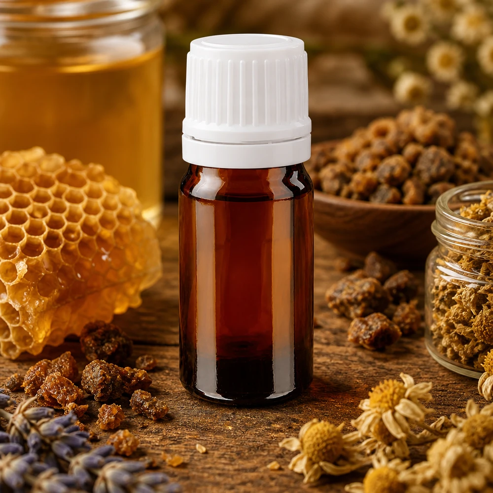 Apteekkipullo ruskea 5ml ruuvikorkki valkoinen väärentämisen estävä korkki Lääkekasviuute, 5 ml:n pullo, meripihkavärinen lasipullo, jossa on valkoinen kierrekorkki, propolis- ja hunajakerroksella ympäröity