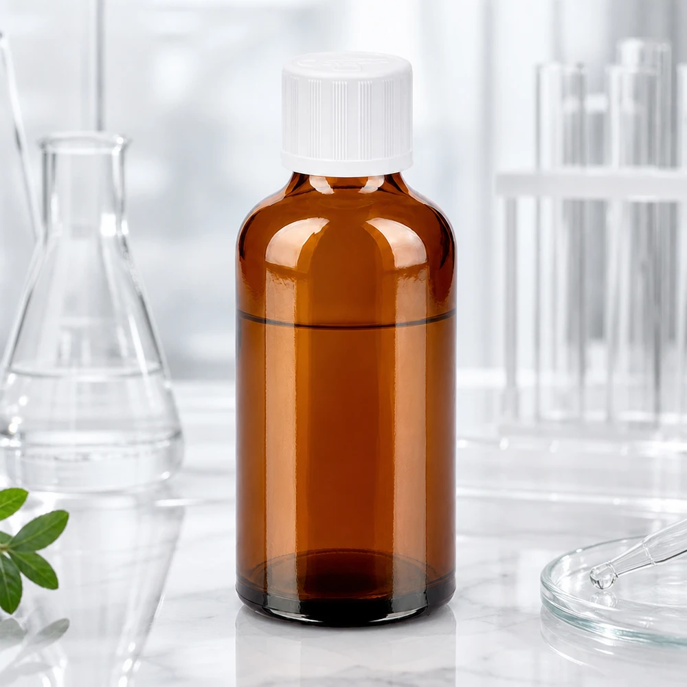 50ml pullo 11mm ruuvikorkki valkoinen vakio lapsiturvallinen BrownLine UT18/50 50ml laboratoriopullo, joka on valmistettu UV-suojatusta meripihkalasista ammattikäyttöön.