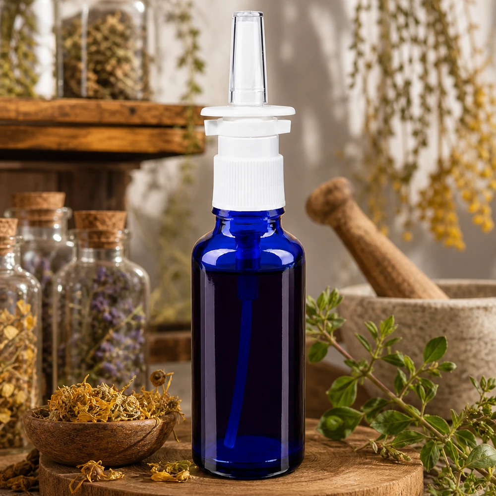 Apteekkipullo sininen 30ml nenäsumutin valkoinen standardi 30 ml:n sininen lasinen nenäsumutepullo, jossa on valkoinen pumppupää kuivattujen lääkekasvien keskellä
