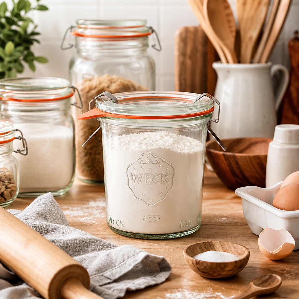 WECK 140ml RR60 rummut täynnä jauhoja keittiössä leivonta-ainesten kanssa munat vyörytystappi ja puiset työvälineet leivontaan.
