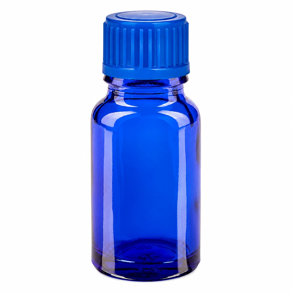 10ml pullo 11mm kierrekorkki sininen standardi BlueLine UT18/10 10ml sininen lasipullo, jossa on kierrekorkki eteerisille öljyille ja kosmetiikalle.