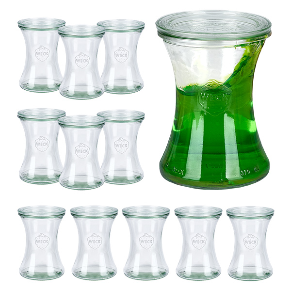 12 Weck-purkin 370ml herkkupurkkisetti, jossa on 12 lasikantta. 12 Weck-purkin 370ml herkkupurkkisetti, jossa on 12 lasikantta.
