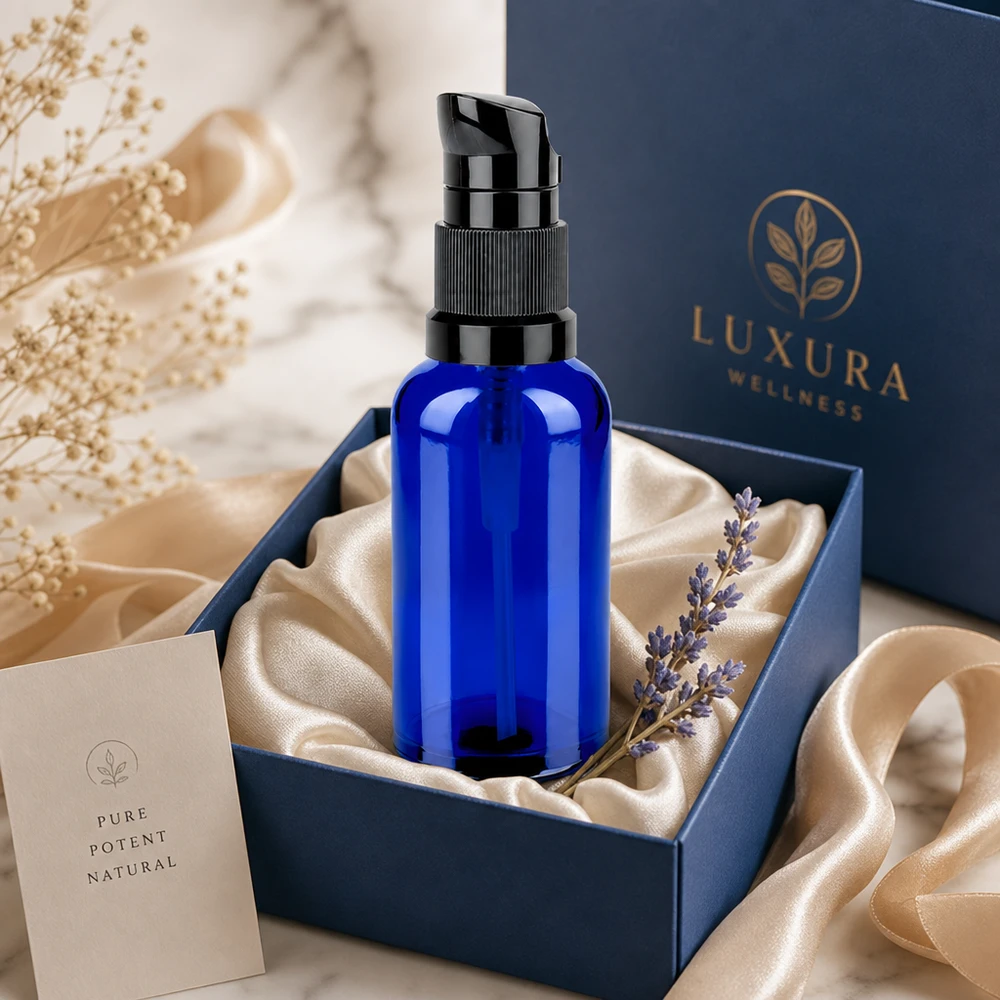 Laadukas sininen lasipullo 50ml mustalla pumppupäällä ylelliseen ihonhoitoon STD BlueLine UT18/50