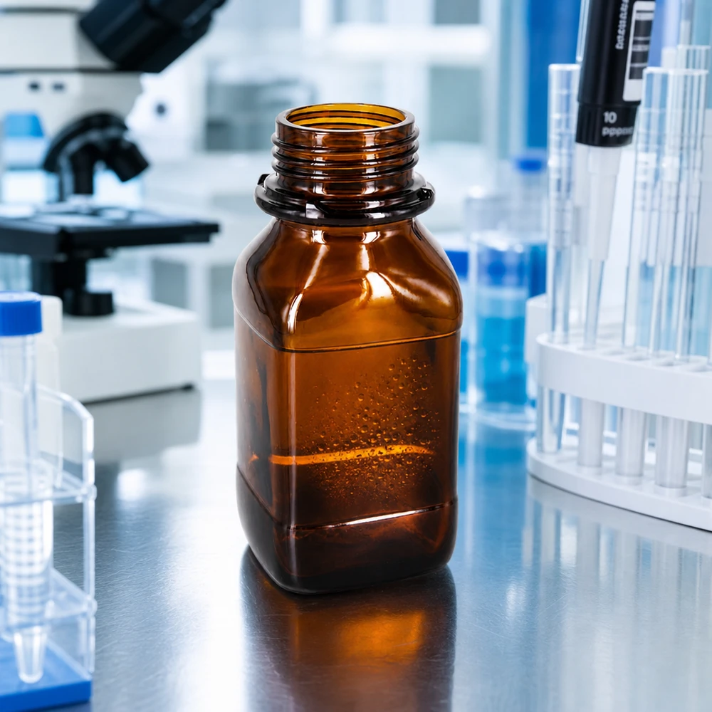 250 ml:n laboratoriopullo ruskea, jossa on leveä aukko kemikaalien helppoa täyttöä varten.