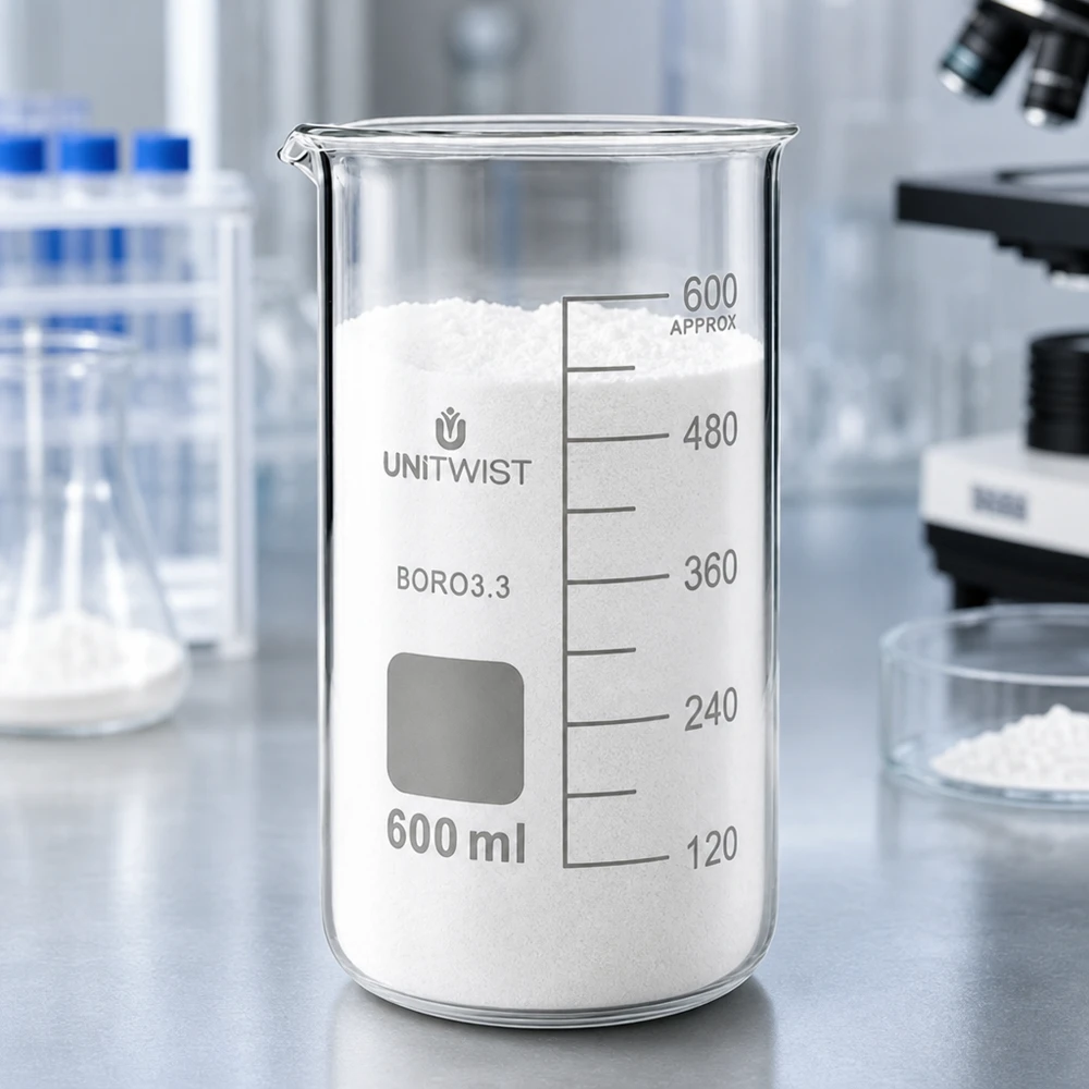 600 ml borosilikaattilasi, korkea muotti UNiTWIST UNITWIST-lasimuki, 600 ml, korkea malli, täynnä valkoista jauhetta laboratoriotyötasolla