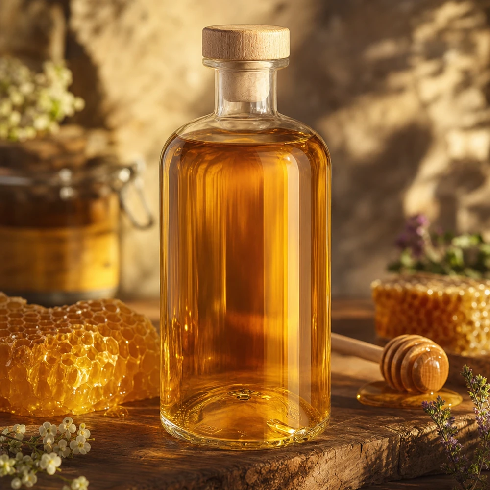 Flora 500ml lasipullo täynnä hunajaa hunajakennon ja hunajamaljan vieressä maalaismaisella puulautalla lämpimässä valossa.