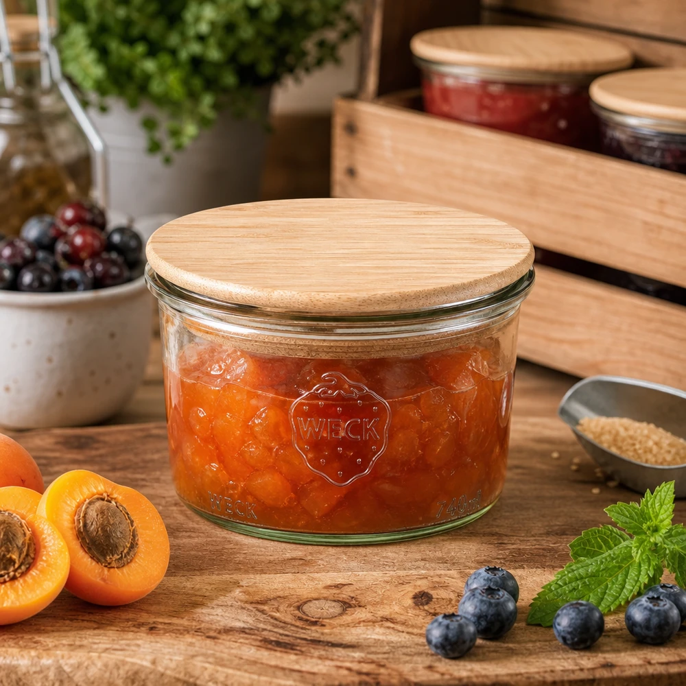 200ml WECK RR80 -mukit, joissa on puinen kansi WECK Einmachglas 200ml mit Holzdeckel gefüllt mit Aprikosenmarmelade auf Holztisch neben frischen Früchten