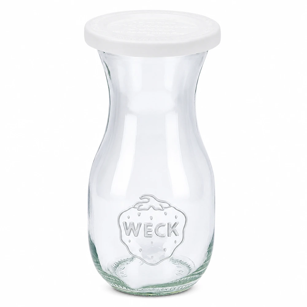 WECK mehupullo 290ml valkoisella raikkauskannella RR60 kirkkaasta lasista, jossa on kohokuvioitu logo.