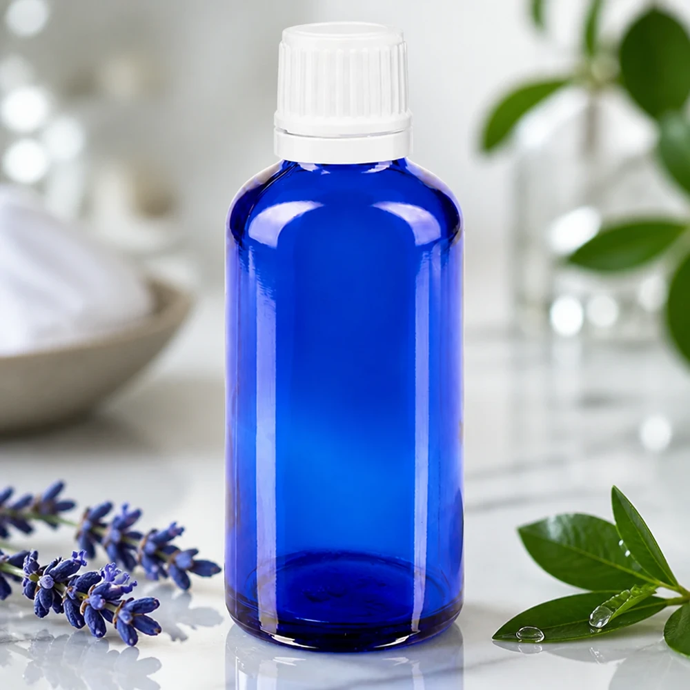 Apteekkipullo sininen 50ml ruuvikorkki valkoinen väärentämisen varmentava sulkeminen. Sininen 50 ml:n lasipullo, jossa on lapsiturvallinen valkoinen korkki, tuoreiden laventelipuisien vieressä