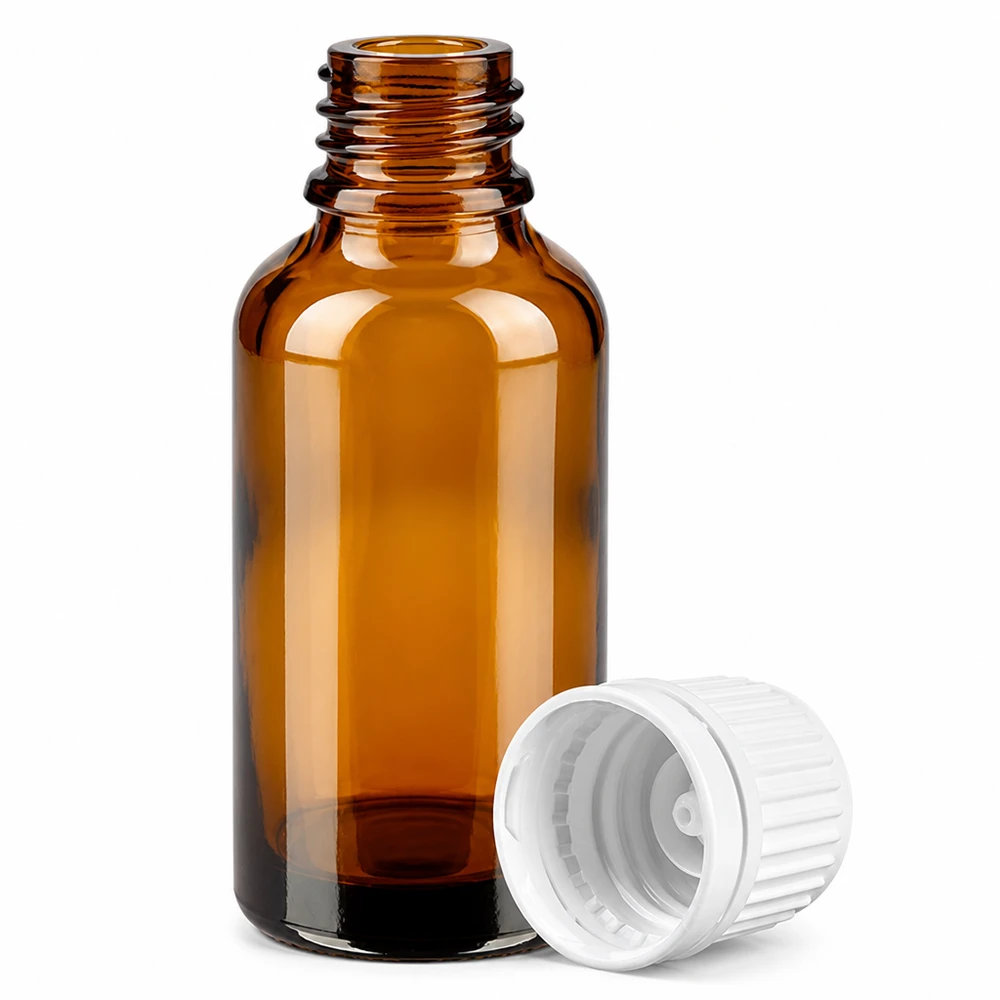 30ml meripihkanvärinen lasipullo, jossa on UV-suoja ja lapsiturvallinen korkki farmaseuttisiin sovelluksiin.