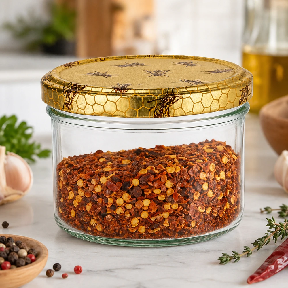300 g hunajapurkkia, jossa on hunajakennokansi, voidaan käyttää keittiössä maustepurkkina chilihiutaleille.