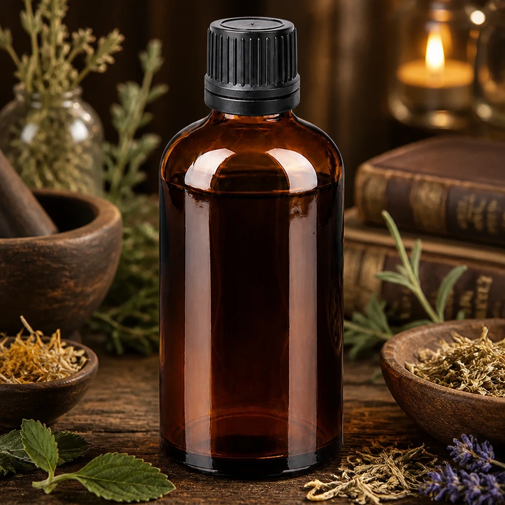 Kompakti 100ml tippapullo mustalla kierrekorkilla aromaterapiasovelluksiin