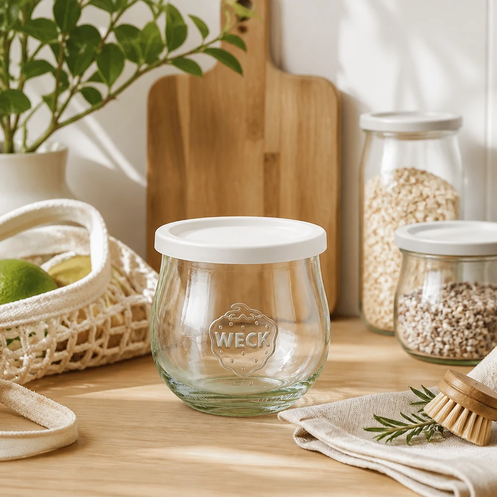 370 ml:n tulppapullo tuoreuskannella, WECK RR80 WECK tulppaanipurkki 370ml RR80 koristeellisesti lavastettu luonnollisessa keittiötunnelmassa puisten astioiden ja säilytyspurkkien kanssa.