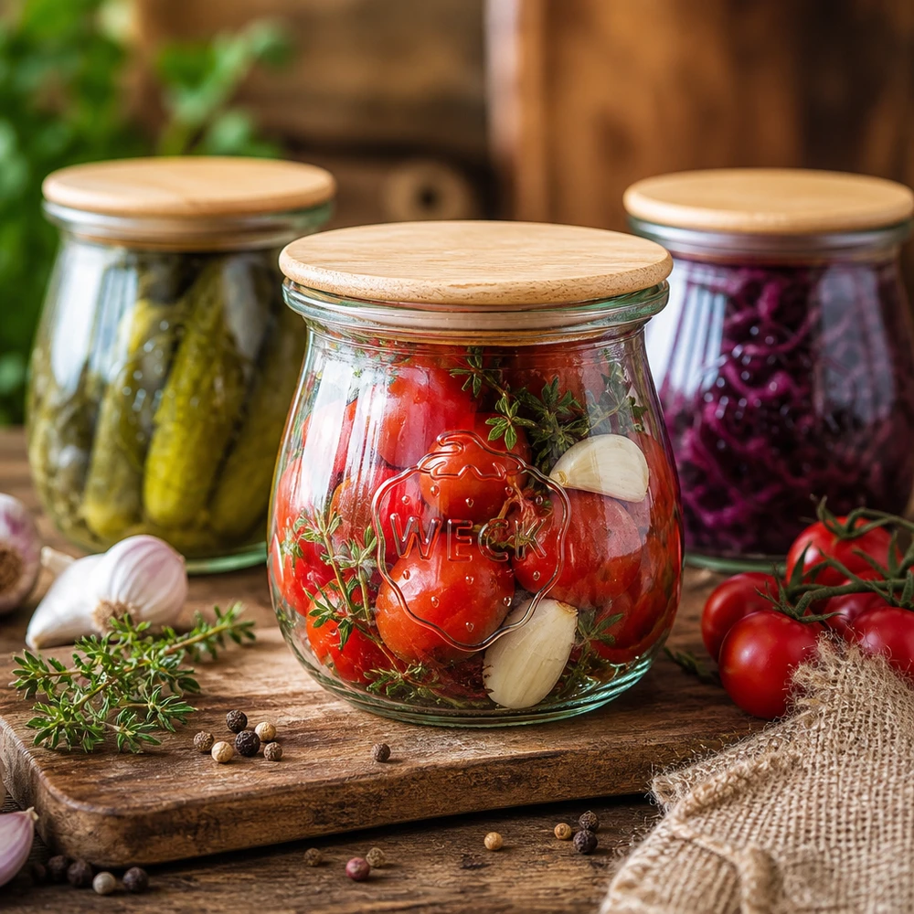 75 ml tulppaanipurkki WECK RR40 puukannella varustettuna WECK Tulppaanipurkki RR40 75ml säilöntäpurkki puukannella suolakurkkujen, tomaattien, kurkkujen ja punajuurten säilytyspurkit