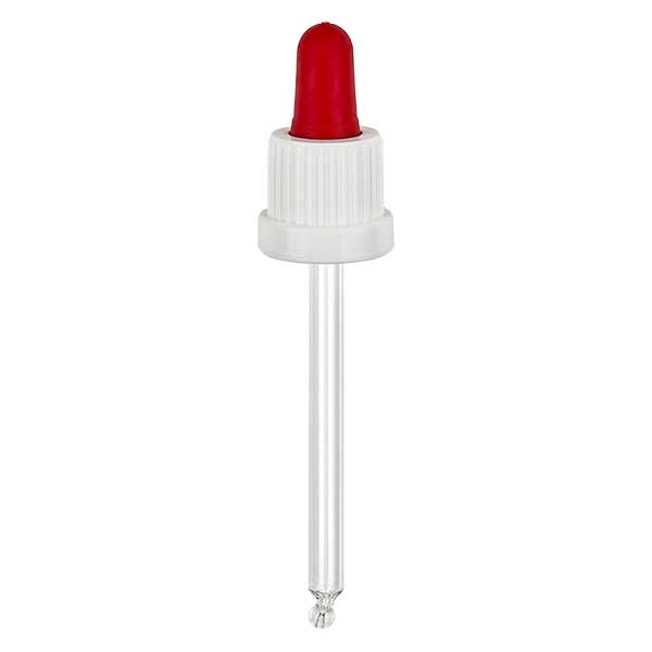 Lasinen tippapipetti valkoinen/punainen 18mm PL85 tamper-evident-suljin. Lasinen tippapipetti valkoinen/punainen 18mm PL85 tamper-evident-suljin.