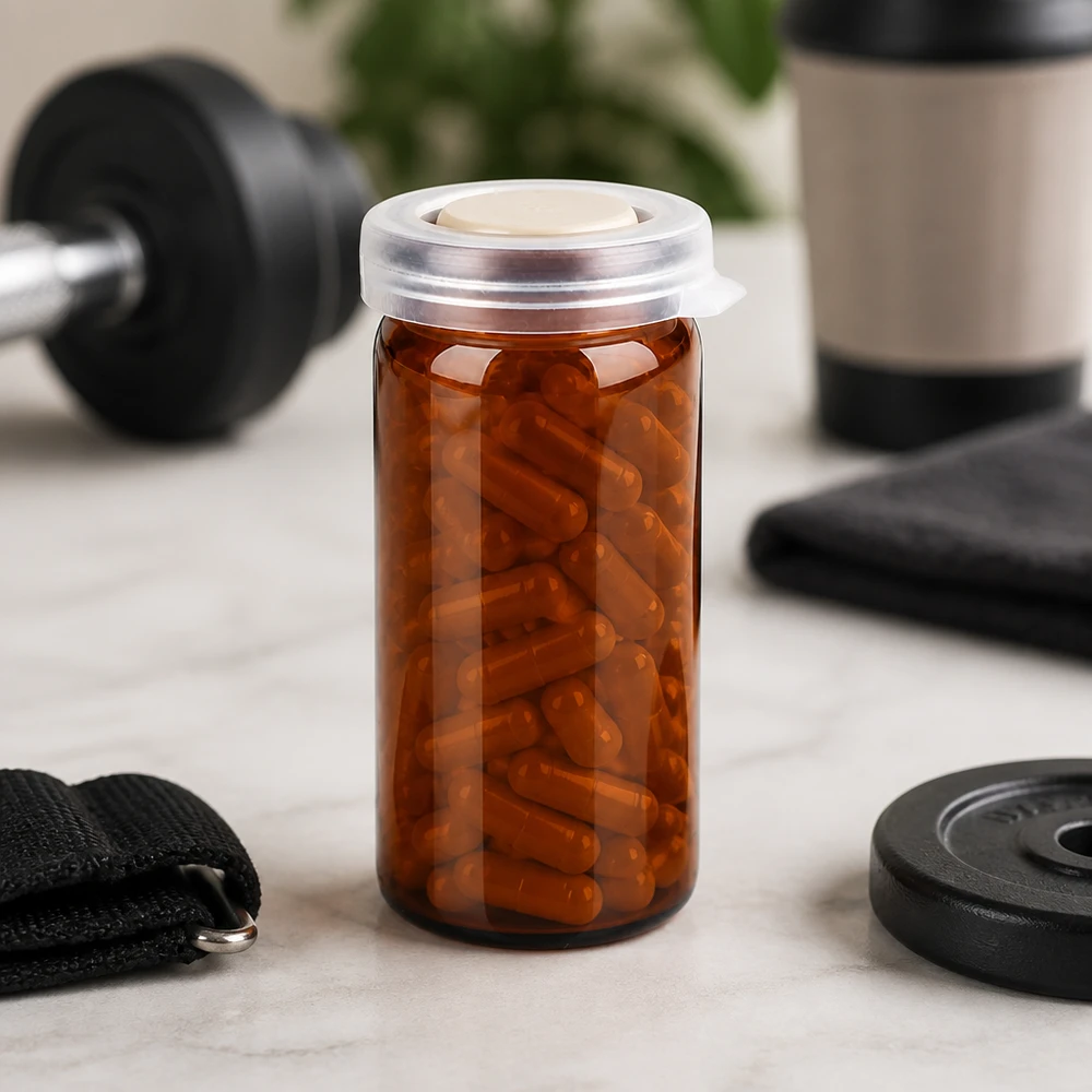Ruskea lääkelasi, 10 ml, napsautuskannella ja oransseilla kapseleilla, käsipainopenkin ja kuntosalilaitteiden edessä