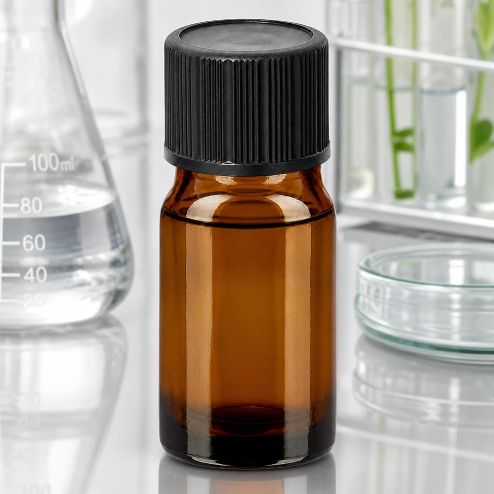5ml tippapullo 1mm musta vakiokorkki BrownLine UT18/5 Pienikokoinen 5 ml:n apteekkipullo meripihkalasista ammattikäyttöön laboratoriossa ja vastaanotolla.