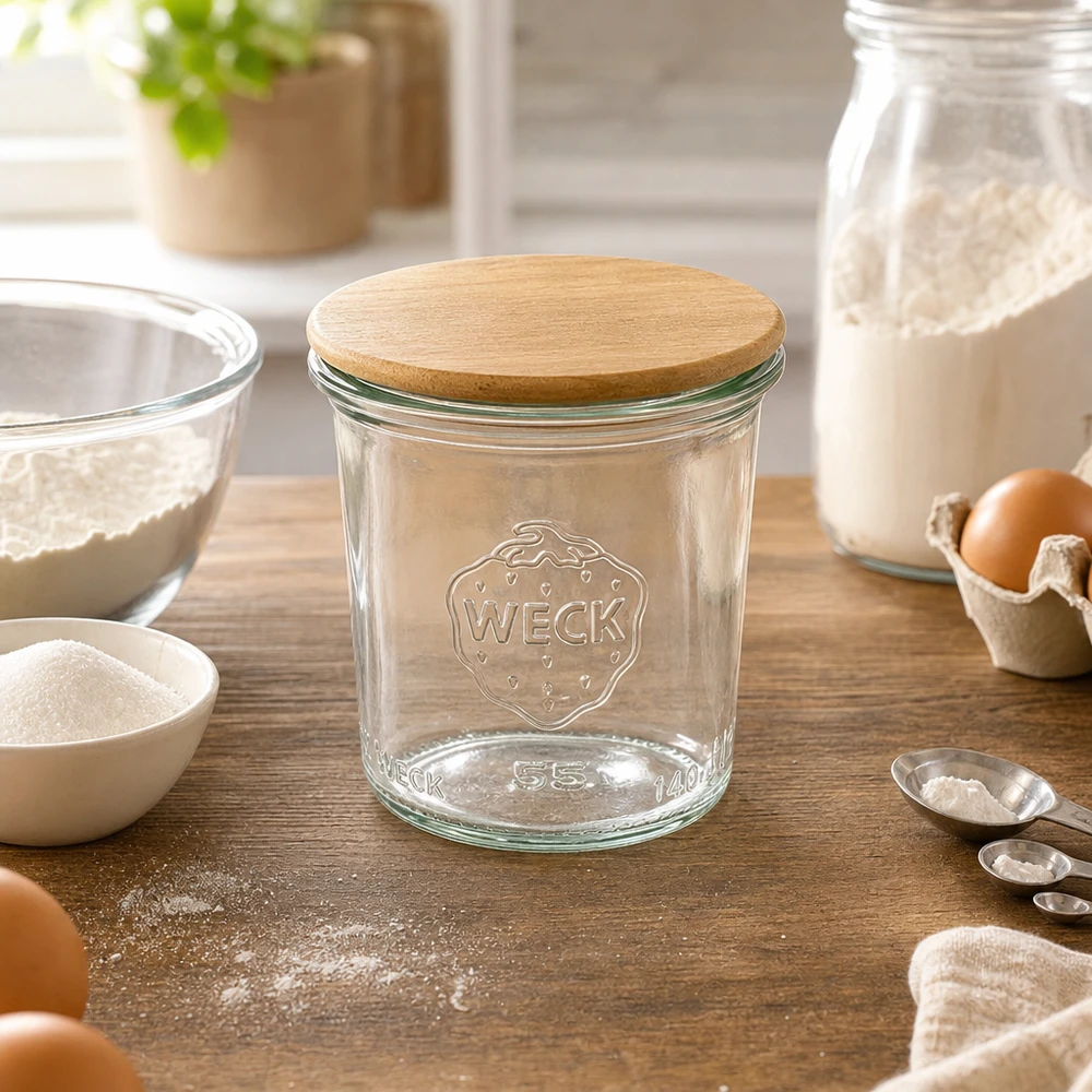 140ml juomapullot WECK RR60 puukannella varustettuna. WECK 140ml RR60 muuripurkki puukannella leivontaan keittiössä, jossa on jauhoja, munia ja leivonta-aineksia säilytykseen.