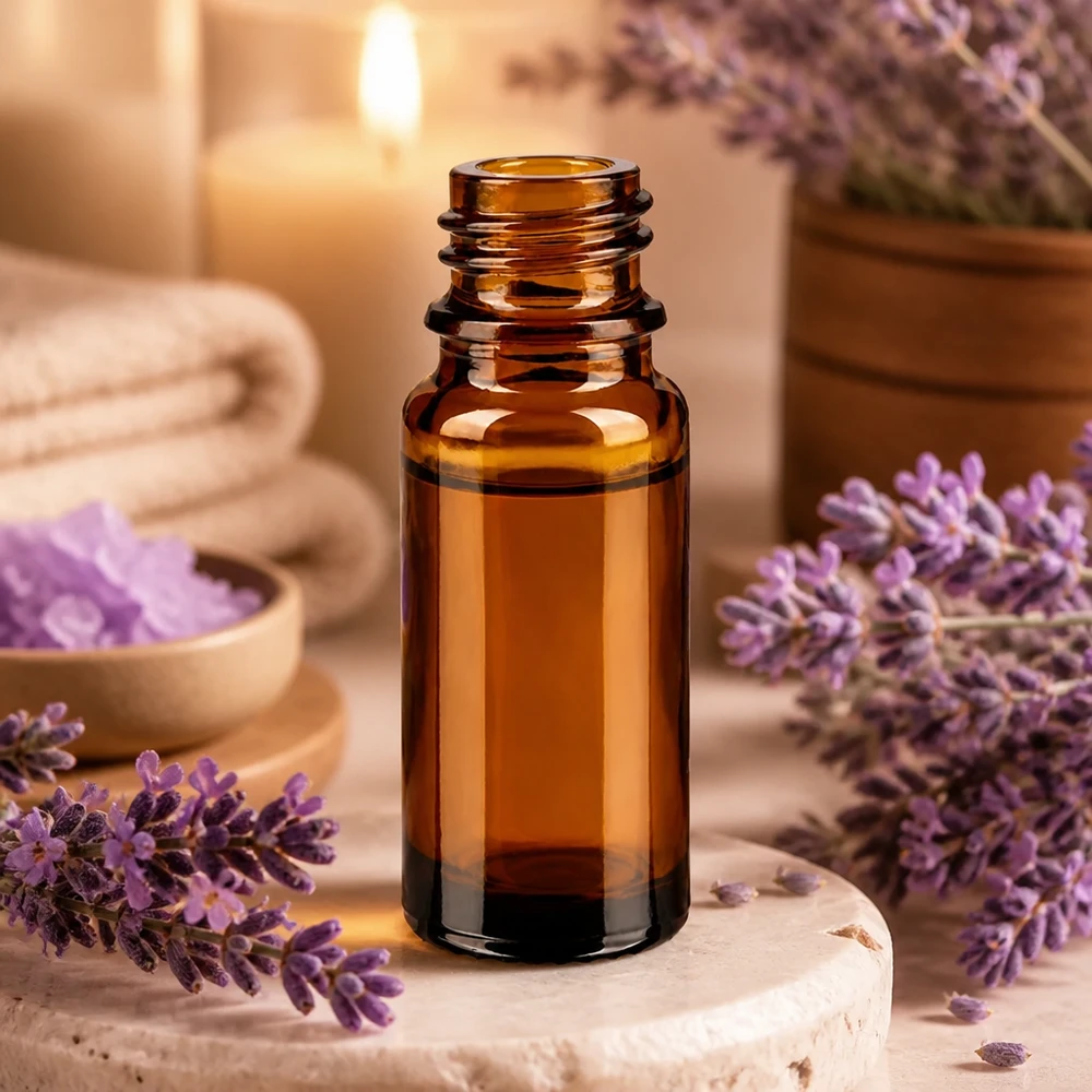 10ml ruskea apteekkipullo ApoGlas, jossa on laventelia ja wellness-tarvikkeita rentouttavassa kylpyläympäristössä.