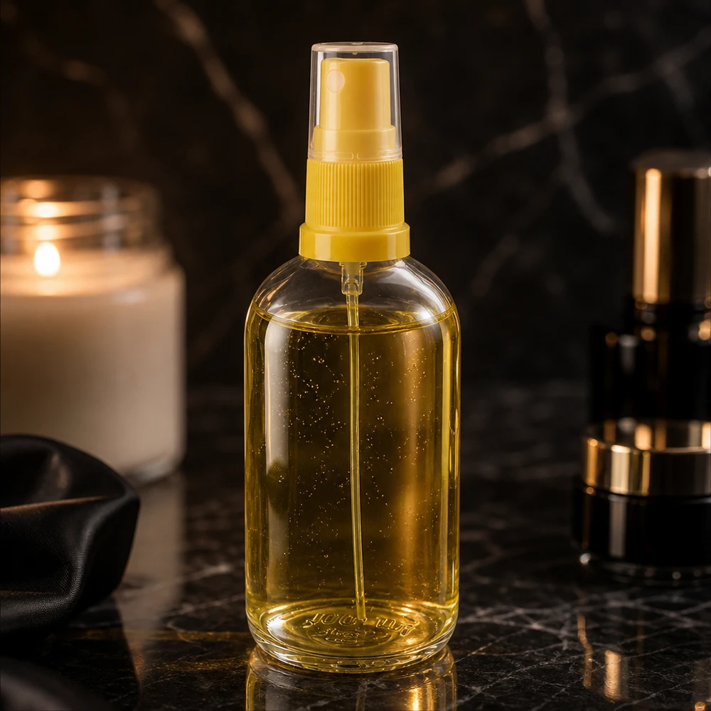 100 ml:n pyöreä pullo ClearLine UT18, jossa on keltainen suihkepää mustalla marmoripohjalla