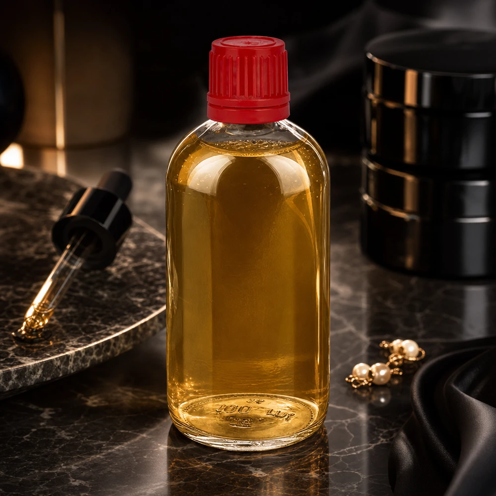 100 ml:n ClearLine-pullo, jossa on kultainen kasviöljy, punainen SV-merkki ja alkuperäisyystulppa marmoripohjalla