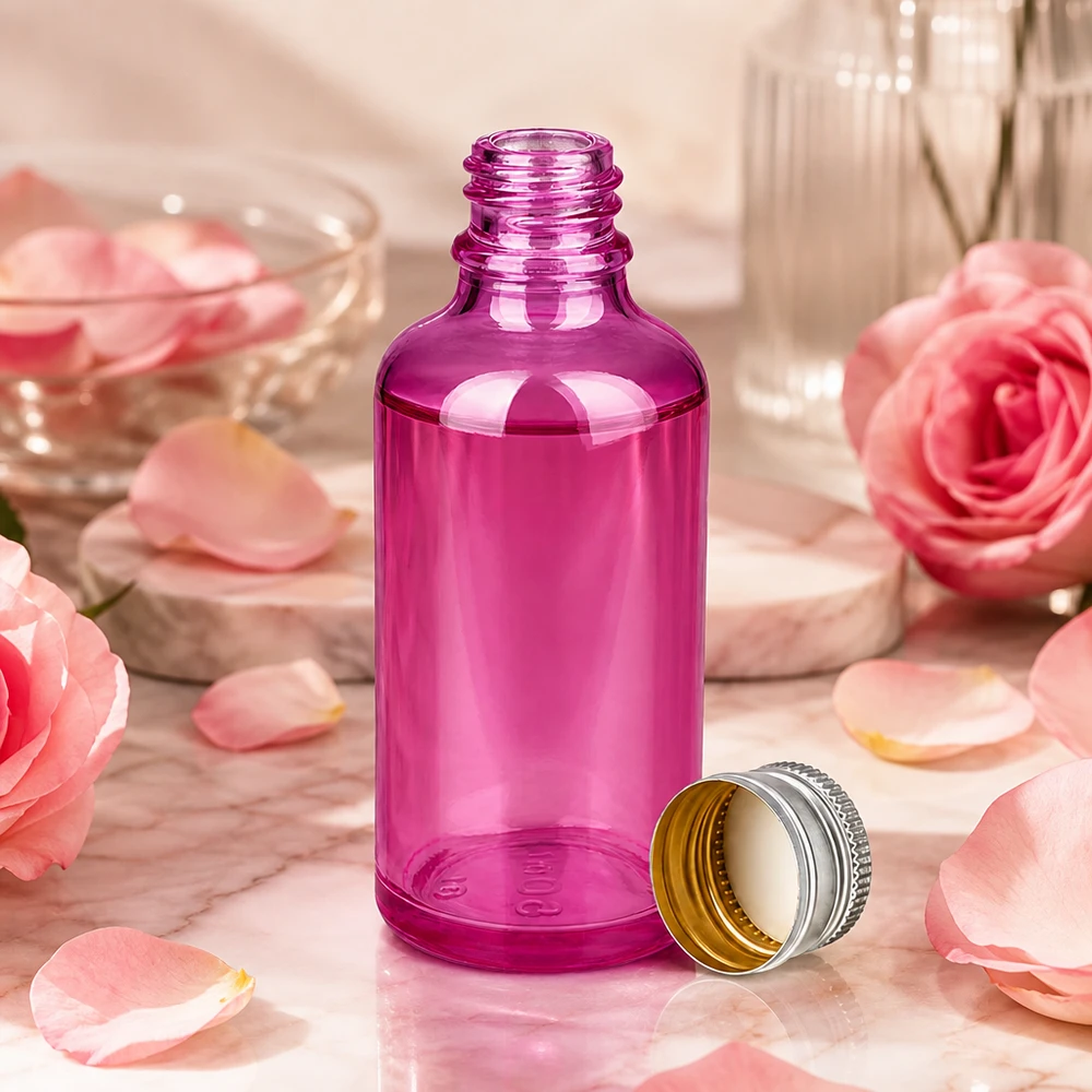 Violetti lasipullo 50ml hopeisella korkilla - täydellinen DIY-kosmetiikkaan ja luonnonkosmetiikkaan.