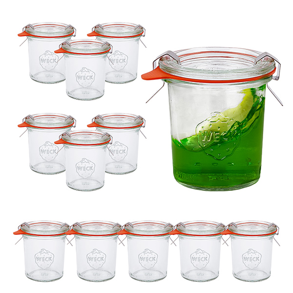12 Weck-purkin 140 ml:n tumblereiden sarja, jossa on 12 lasikantta. 12 Weck-purkin 140 ml:n tumblereiden sarja, jossa on 12 lasikantta.