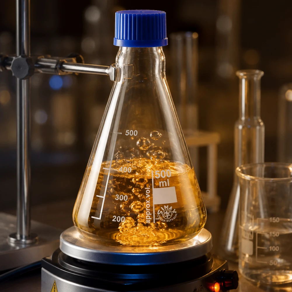 Ammattimainen Erlenmeyer-pullo 500ml sinisellä korkilla lämpölevyllä laboratoriossa.