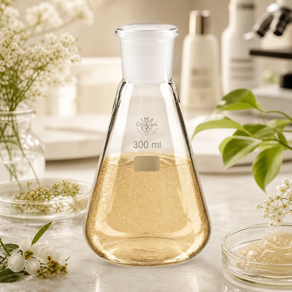 Erlenmeyer-pullo 300ml, jossa on vakiohiottu liitos (29/32). Erlenmeyer-pullo 300ml, jossa on vakiohiottu liitos 29/32 ja kullankeltainen liuos tieteellisiä kokeita varten.
