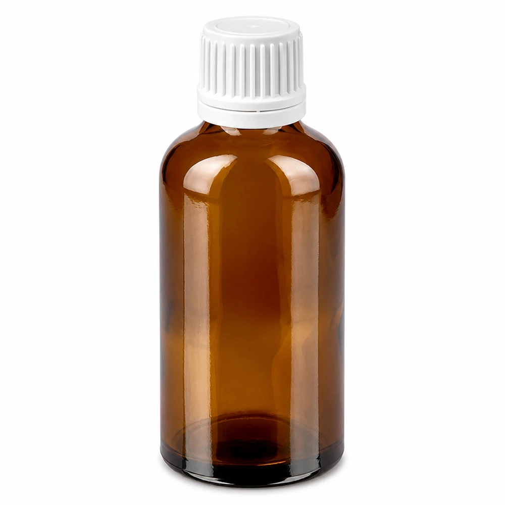 50ml pullo 11mm ruuvikorkki valkoinen väärentämisvarma sulkeminen BrownLine UT18/50 50ml meripihkanvärinen lasipullo valkoisella kierrekorkilla lääkkeille ja kosmetiikalle.