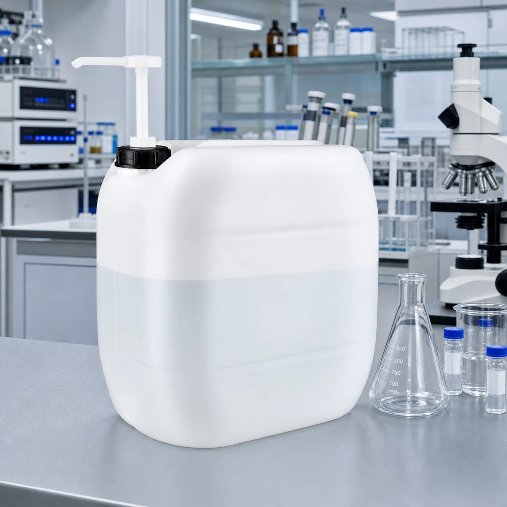 30 litran suorakulmainen HDPE-kanisteri annostelupumpulla modernissa laboratorioympäristössä