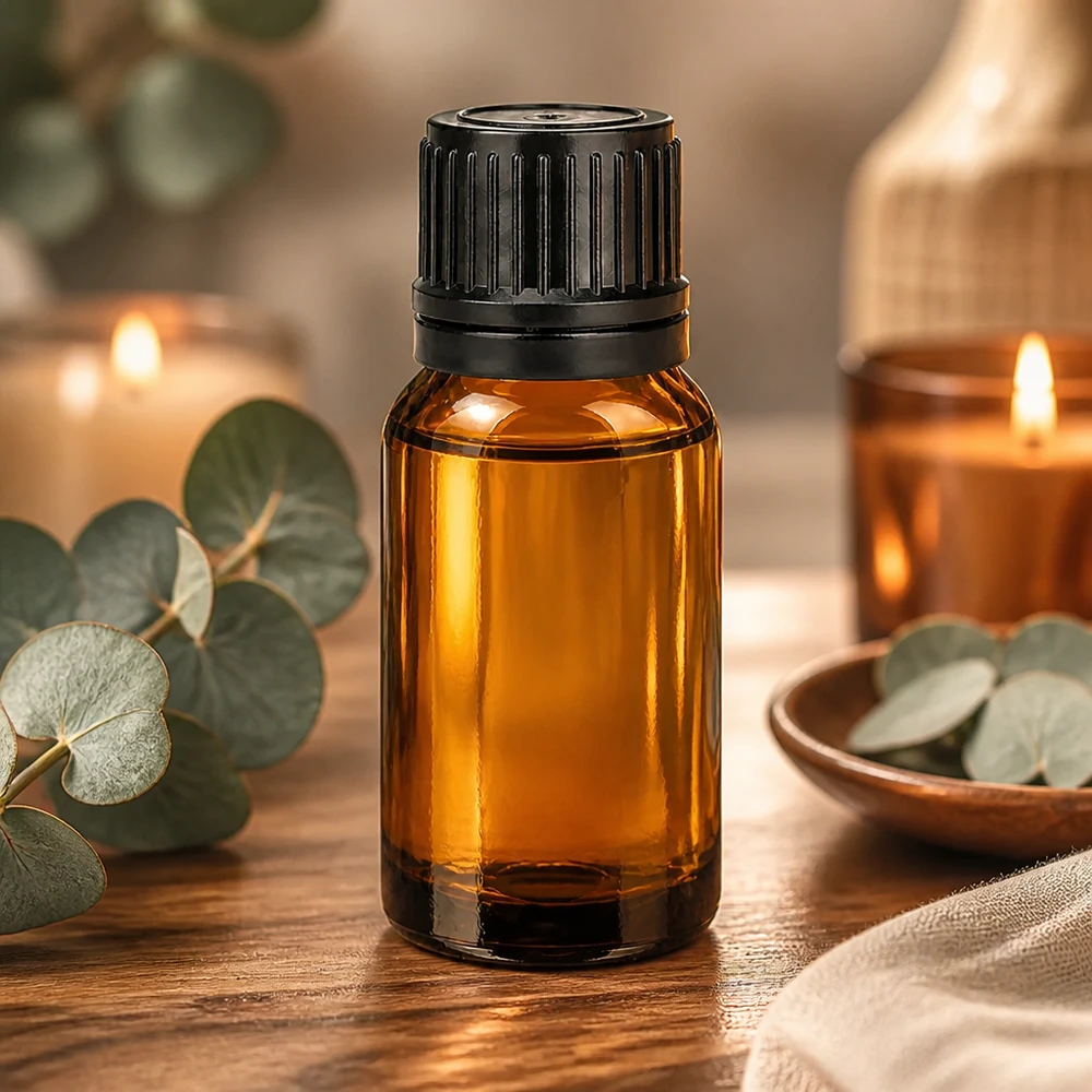 Kompakti 10ml aromaterapiapullo UV-suojatusta meripihkalasista, jossa on käytännöllinen tiputuskorkki.