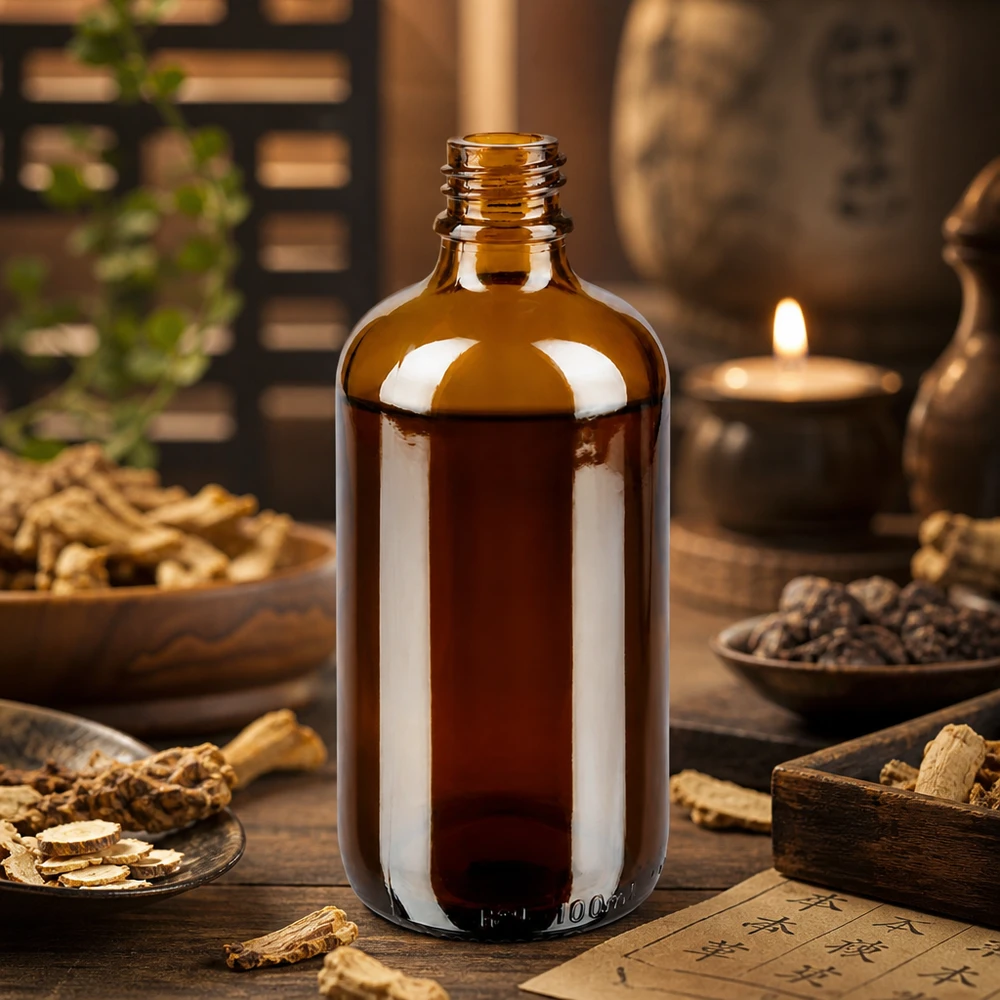 Tippapullo 100 ml DIN 18 meripihkanvärisestä lasista valmistettu tippapullo. 100ml ruskea apteekkipullo ApoGlas, jossa on TCM-yrttejä ginseng ja pippuri Aasian parantavassa käytännössä