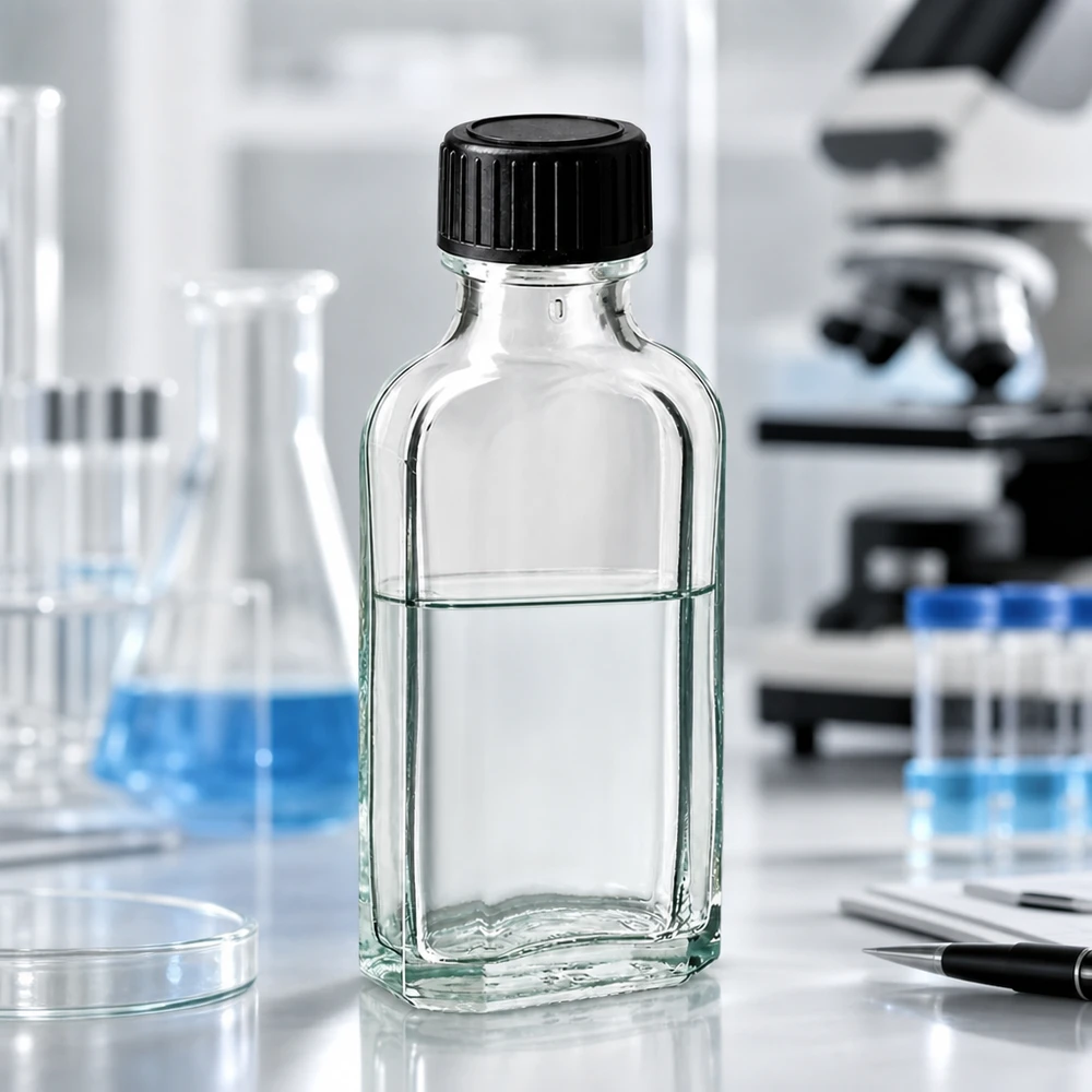 50 ml:n Meplat-pullo, kirkas, LKD-tiivistelevyllä, ammattimaisessa laboratorioympäristössä mikroskoopin kanssa