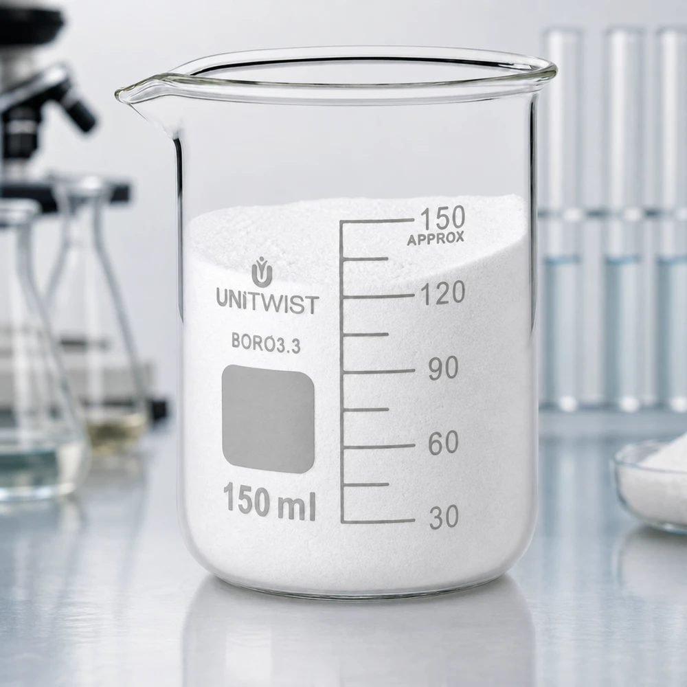 UNiTwist-lasimalja, 150 ml, borosilikaattilasia 3.3, matala malli, täytetty valkoisella jauheella laboratoriossa