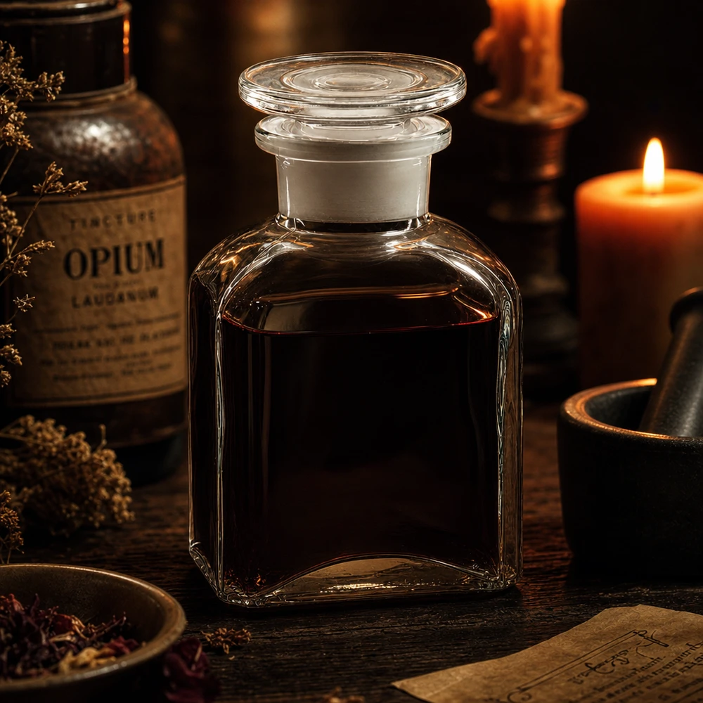 Historiallinen apteekkipullo, 150 ml, kirkas, nelikulmainen, lasitulpalla, tinktuureille ja lääkkeille