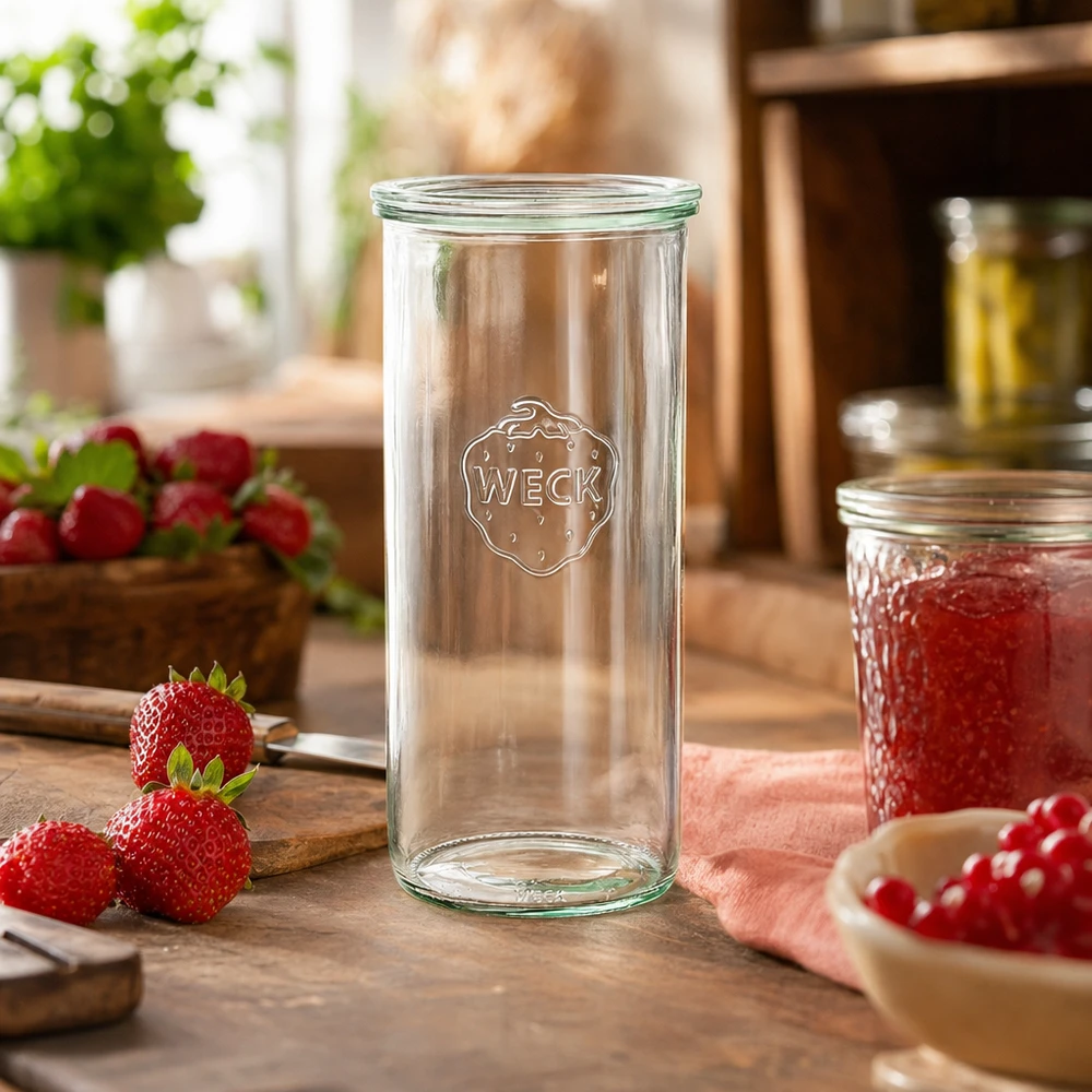WECK 1500ml RR100 juomalasit maalaismaisessa keittiössä, jossa on koristeena tuoreita mansikoita ja hilloa.