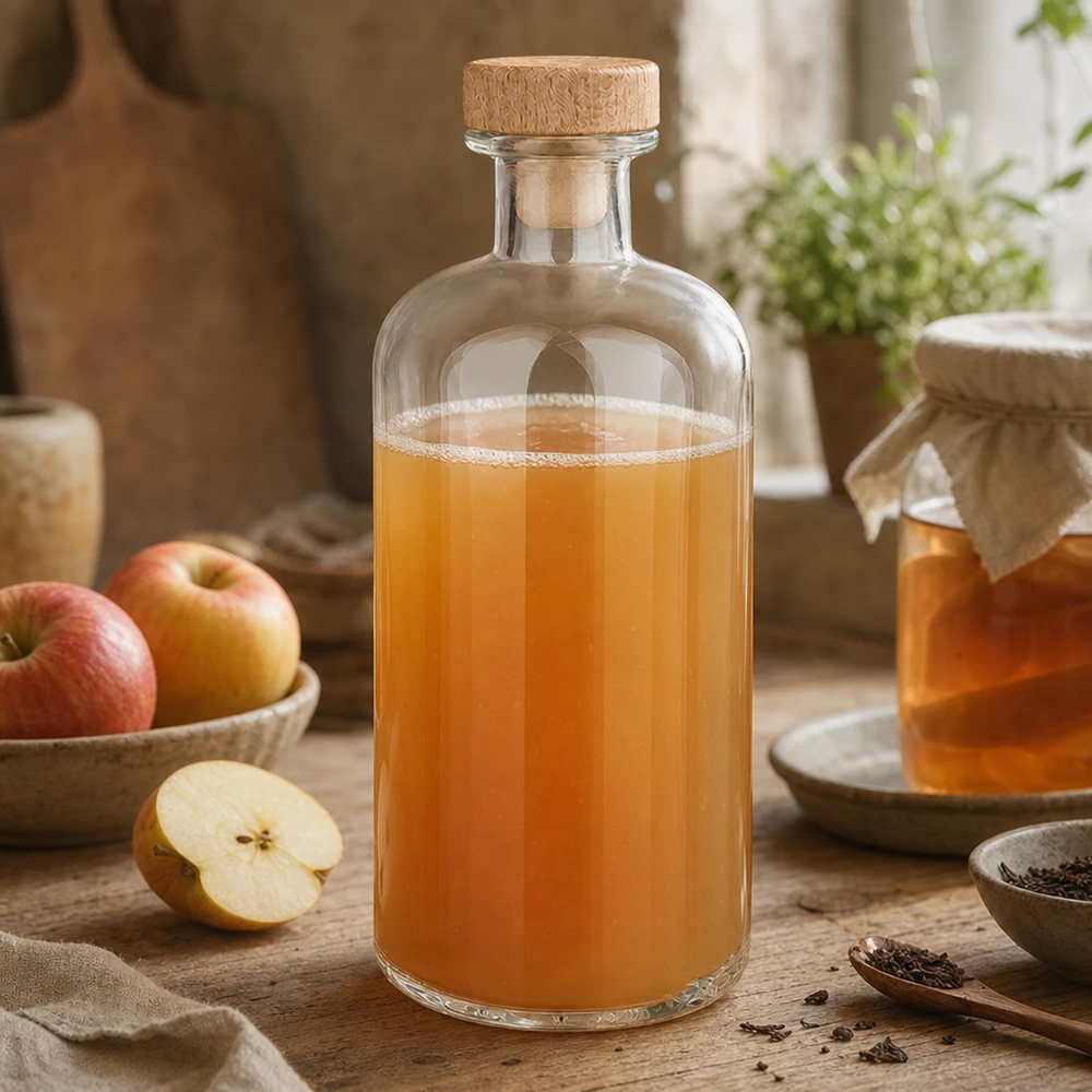 500ml Glasflasche "Flora" mit Holzgriff-Korken UNiTWIST Lasipullo Flora 500ml täynnä omenaviinietikkaa tuoreiden omenoiden ja mausteiden välissä puupöydällä maalaismainen keittiö