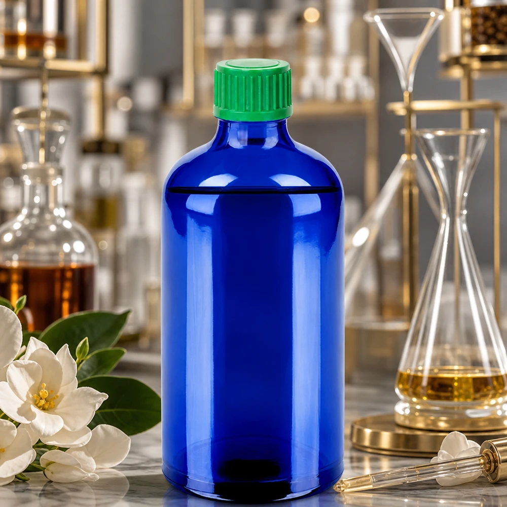 100ml tippapullo 0.8mm vihreäStandardi sulkeminen BlueLine UT18/100 Laadukas sininen lasipullo 100ml, jossa on vihreä muovikorkki turvallista säilytystä varten.