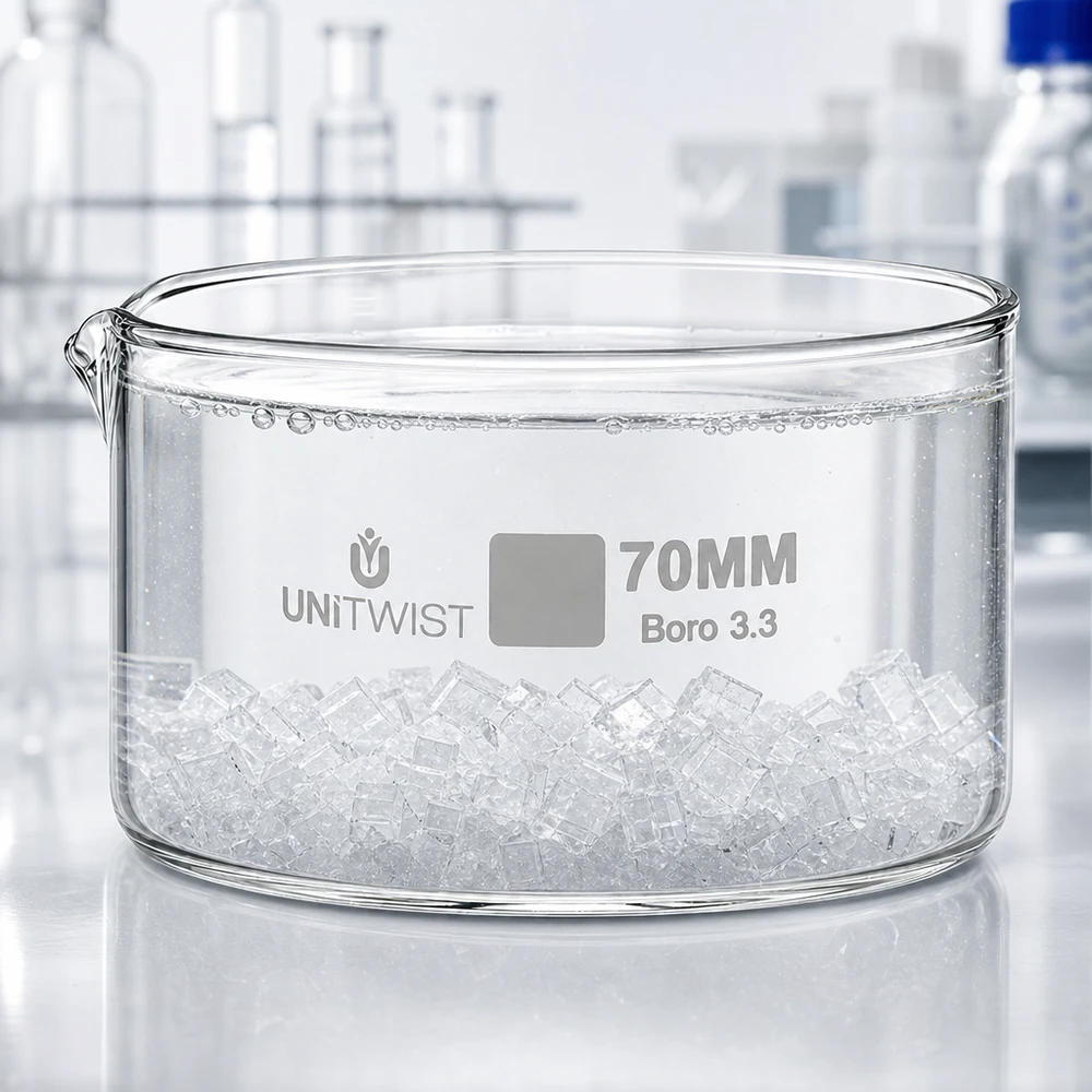 Kiteytysastia ø70mm borosilikaattilasi UNiTWIST UNiTWIST 70 mm Boro 3.3 -kiteytysastia, joka on täytetty jääkuutioilla laboratorio-olosuhteissa