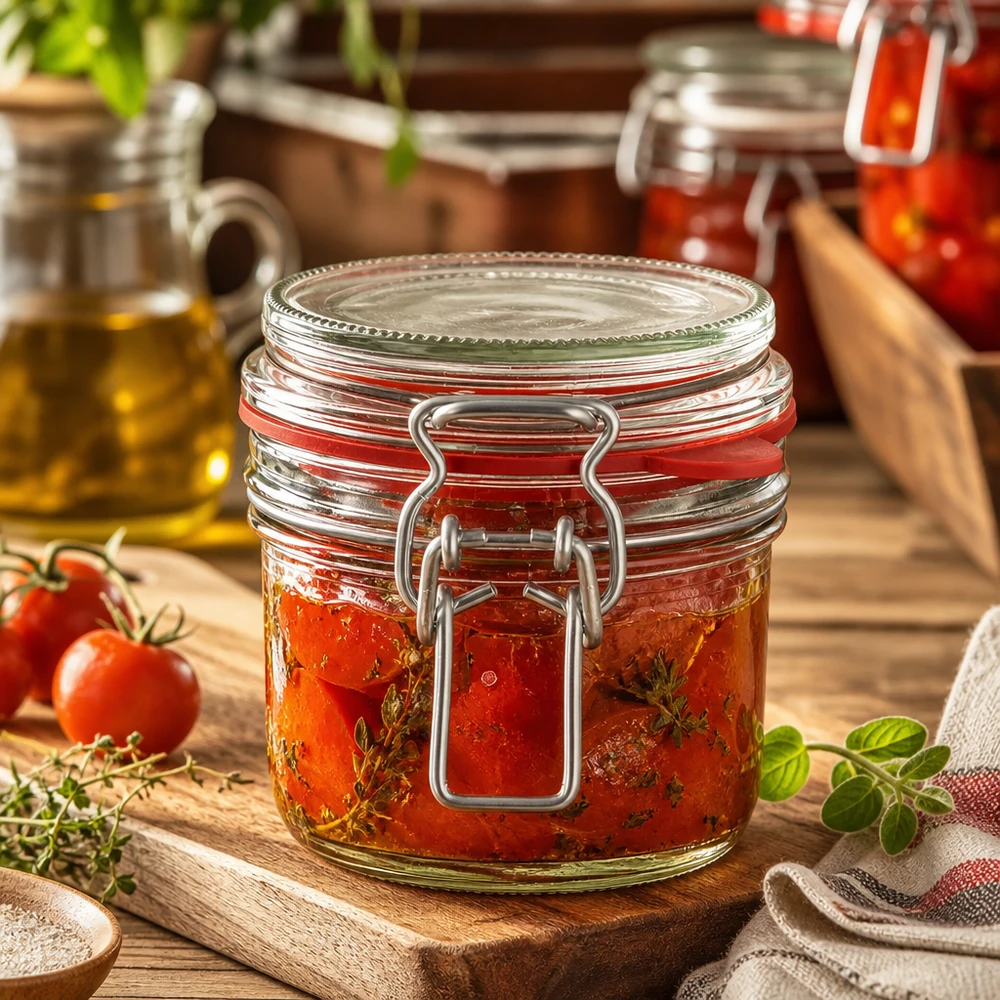 Einmachglas 255ml gefüllt mit eingelegten Tomaten und Kräutern, rustikale Küchendeko auf Holzbrett mit frischen Zutaten