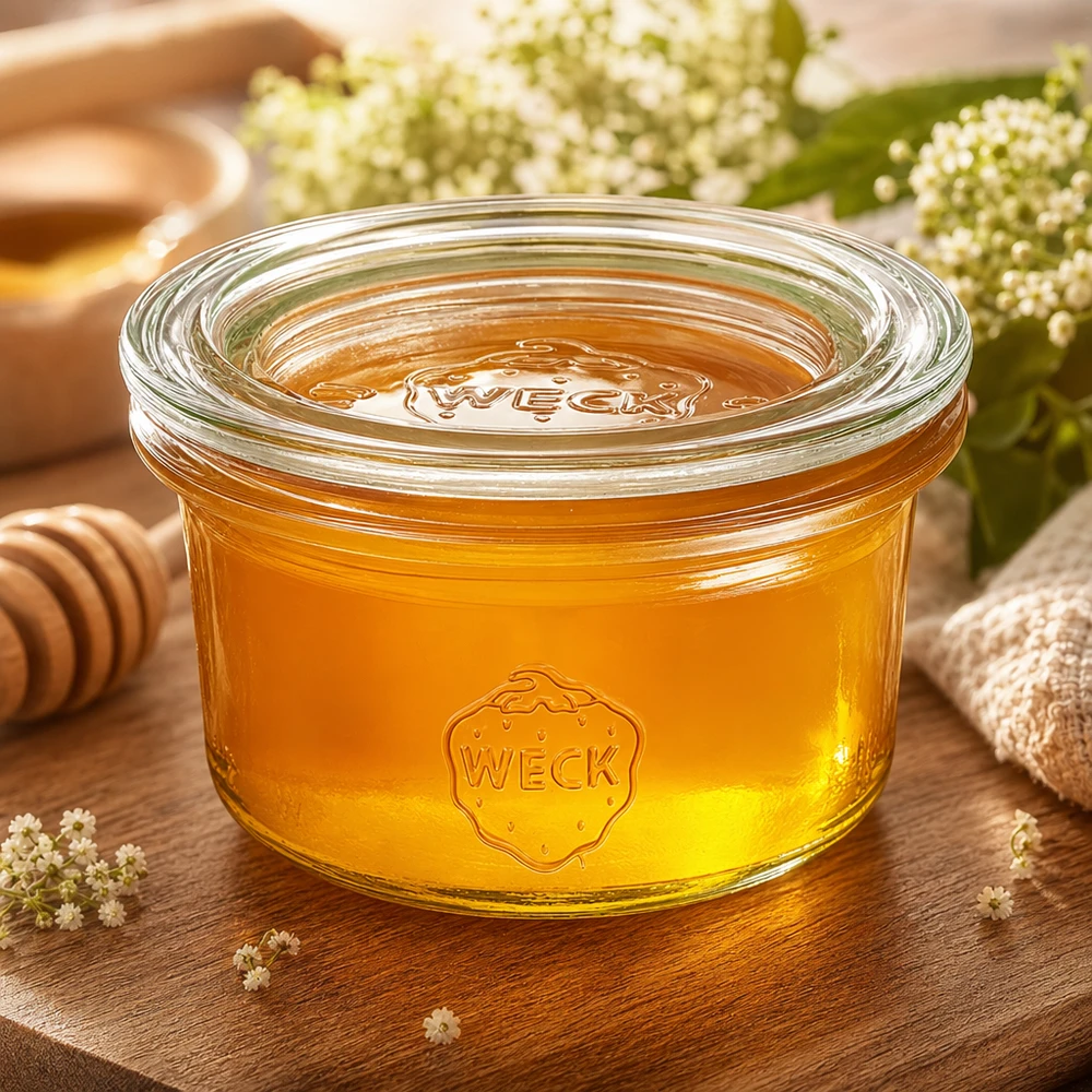 WECK-maljat 50ml täynnä hunajaa hunaja lusikan ja kukkien vieressä, luonnollisesti esitetty maalaismaisella puupöydällä.