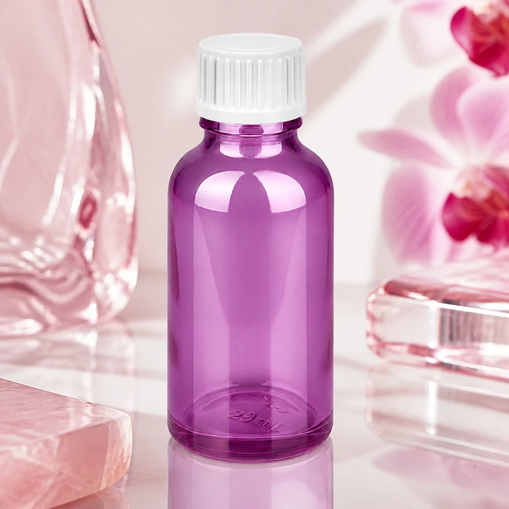 30ml (pallomainen) pullo. 3mm valutusrengas valkoinen Standard PurpleLine. UT18/30 Pieni 30ml lasipullo kiiltävää violettia, täydellinen hajuvesille ja eteerisille öljyille.