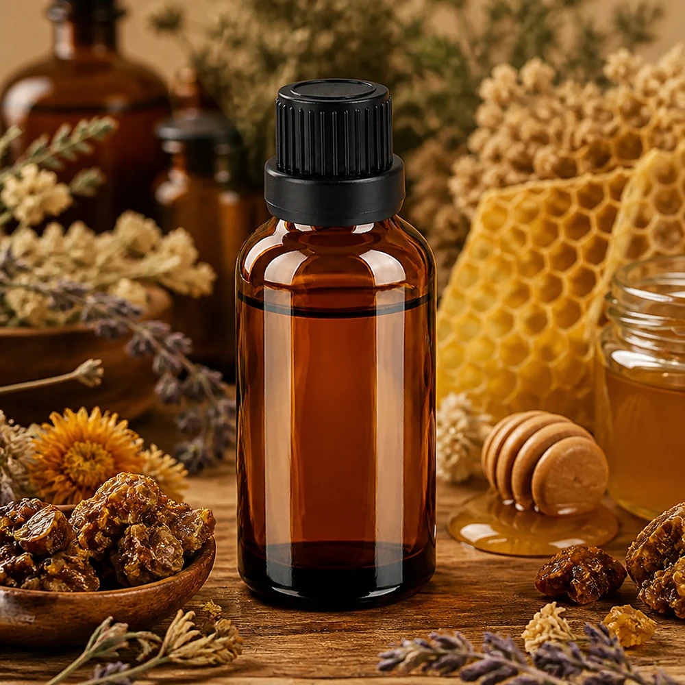 Kompakti 30ml meripihkanvärinen lasipullo sopii aromaterapiaan ja luontaishoitoihin.