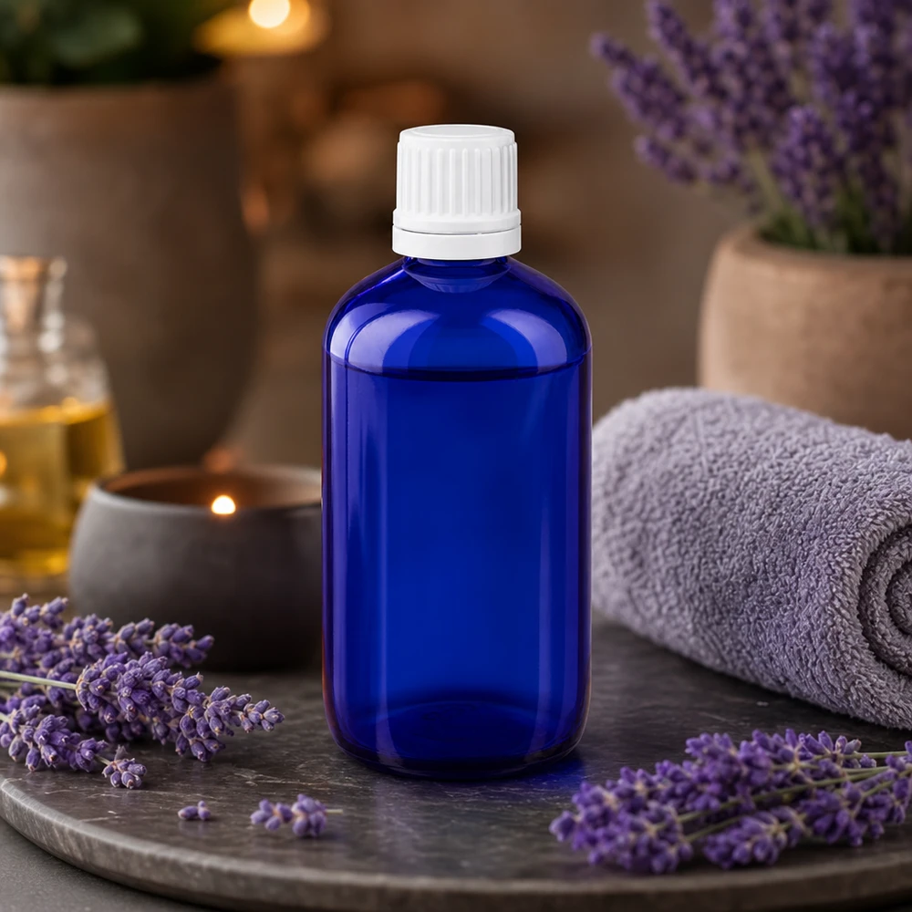Apteekkipullo sininen 100ml tippapullon korkki 1.2mm valkoinen väärentämisen estävä sulkeminen Sininen 100 ml:n ApoGlas-tiputuspullo, jossa on valkoinen OV-korkki, tuoreiden laventelinoksien keskellä