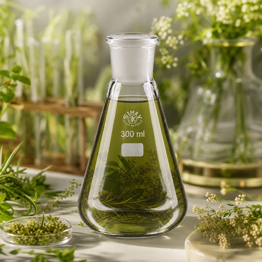 Erlenmeyer-pullo 300ml, jossa on vihreitä yrttejä ja kasviuutteita kasvitieteellisiin laboratoriokokeisiin.